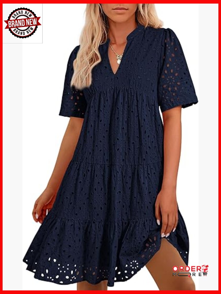 Boho Summer Mini Dress V-Neck Short Sleeve Eyelet Lace A-Line Flowy Beach